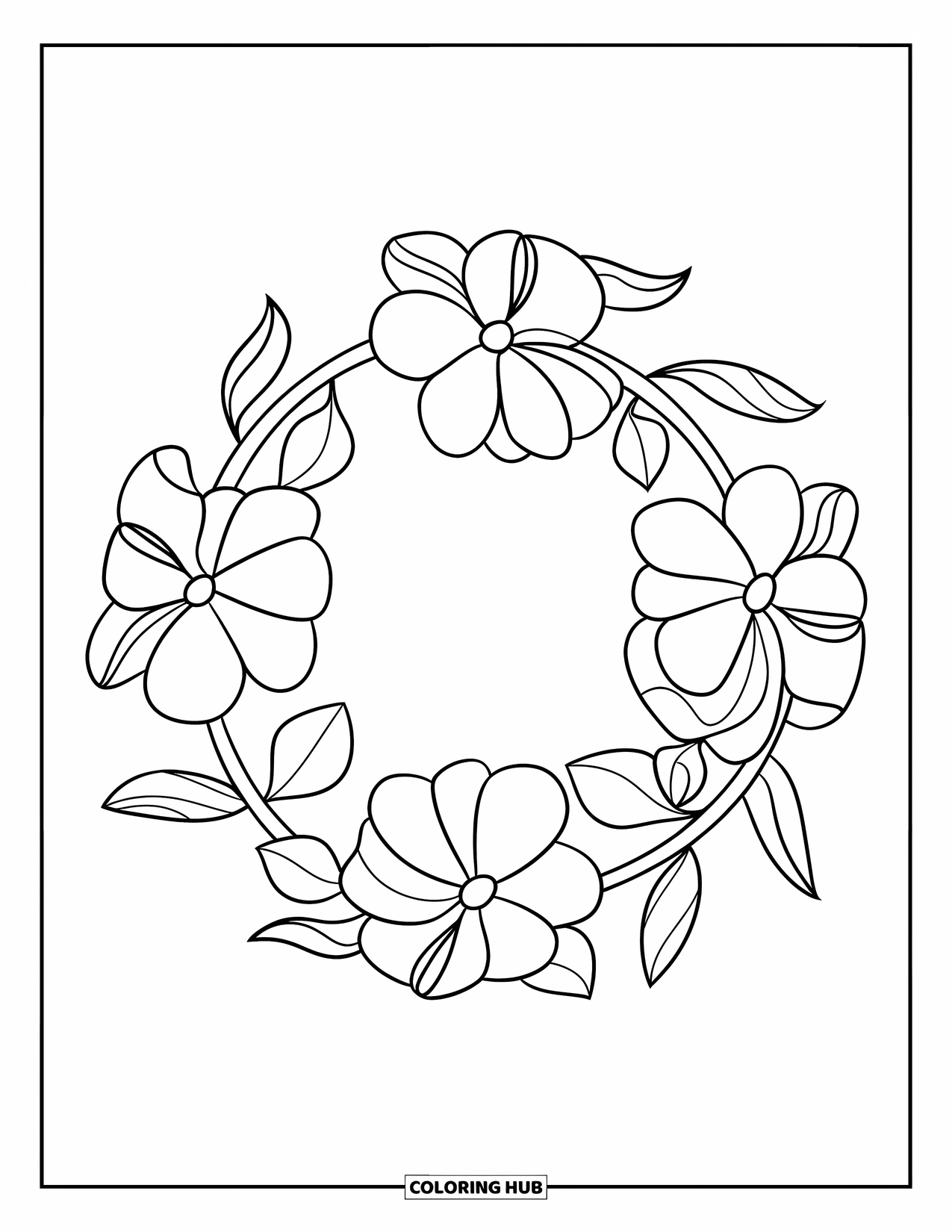 Floral Coloring Page for Kids: A round flower wreath with five simple flowers and thin, curved leaves
