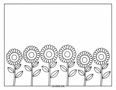 Blomstertegning til børn: En række solsikker med tydelige stængler og blade, der står højt