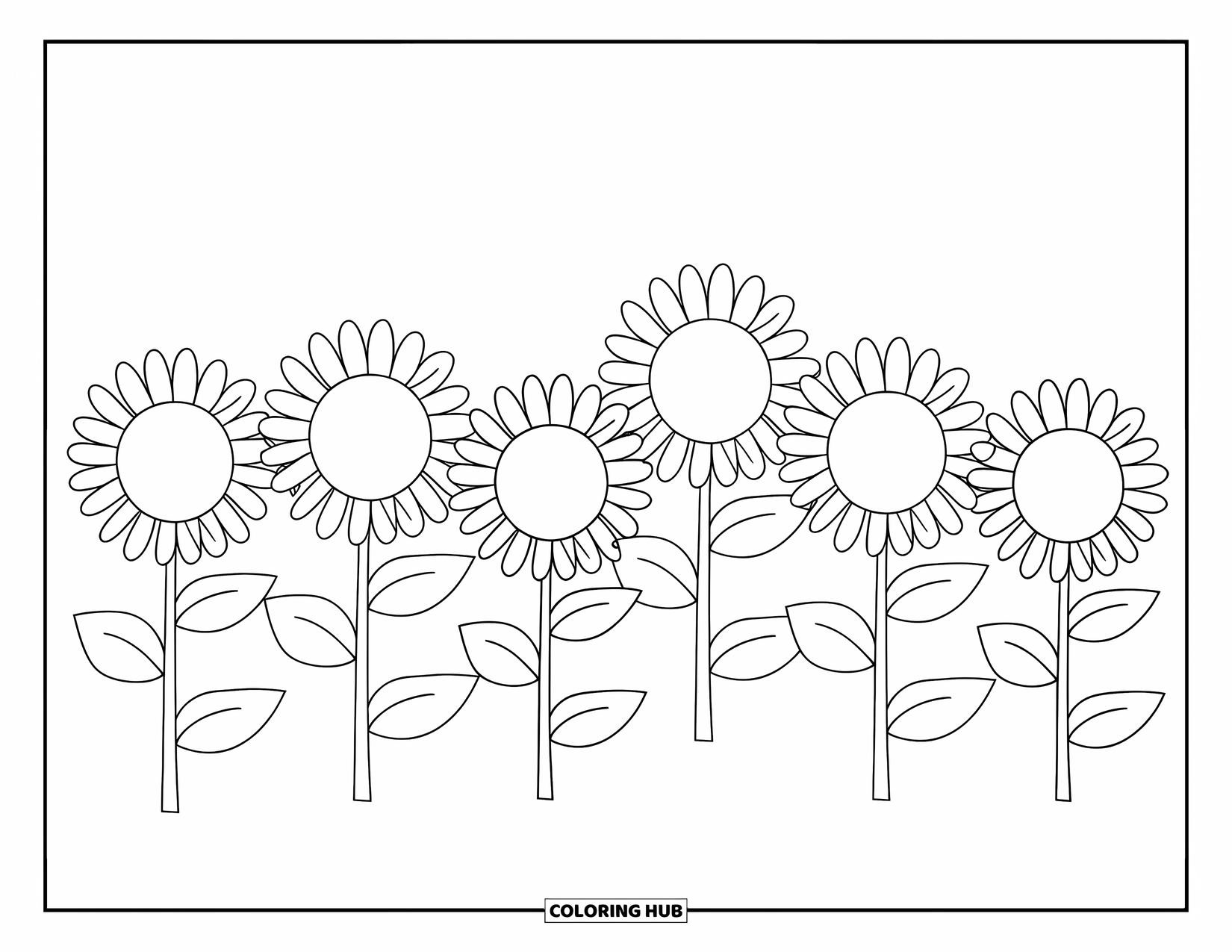 Floral Coloring Page for Kids: A row of sunflowers with large petals and green leaves, designed for preschoolers