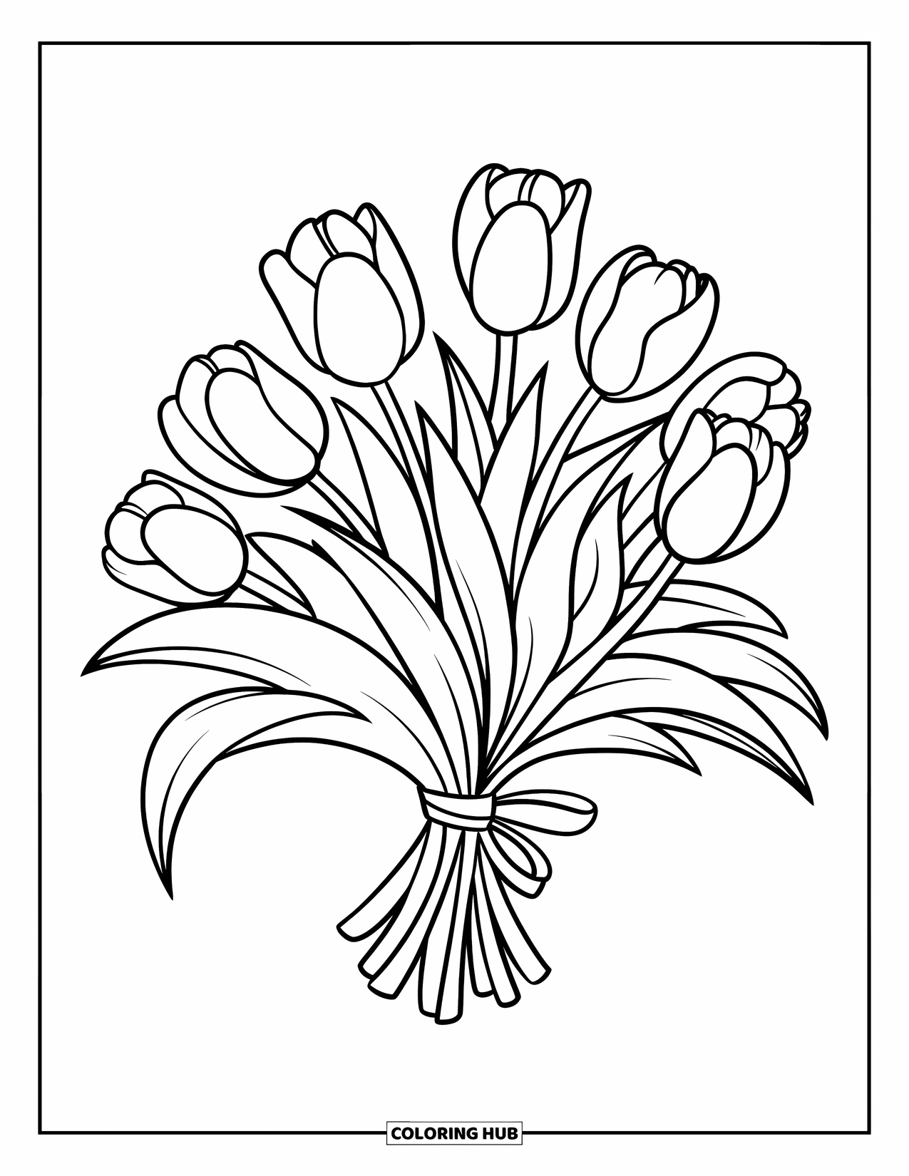 Floral Coloring Page for Kids: A simple and engaging bouquet of tulips tied with a ribbon