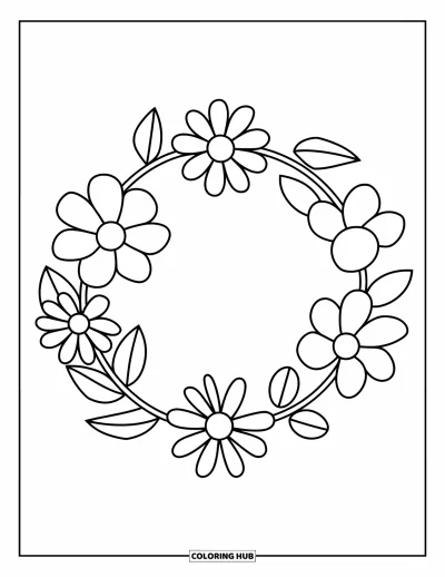 Blomstertegning til børn: En enkel rund blomsterkrans med fem blomster og blade