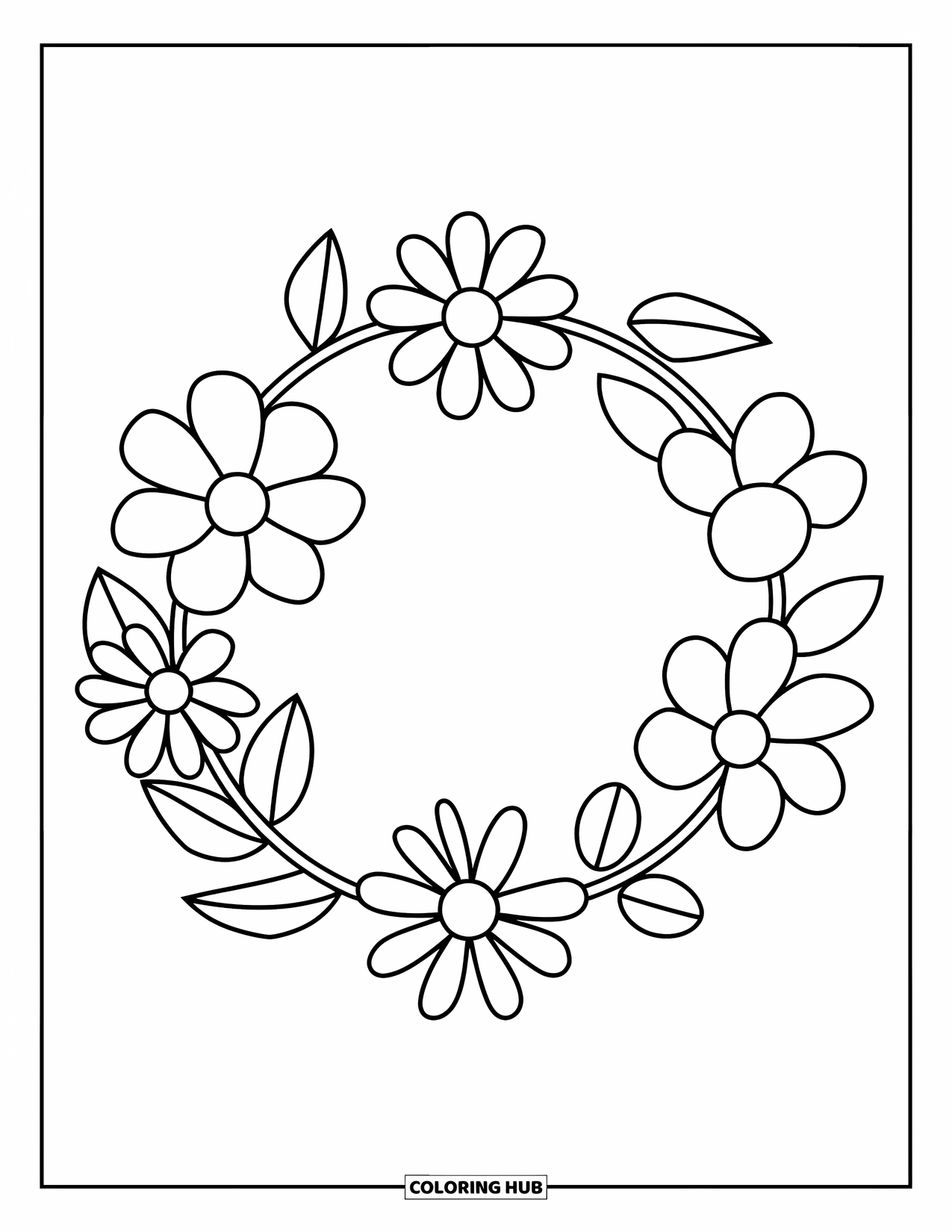 Floral Coloring Page for Kids: A simple round flower wreath with five flowers and leaves