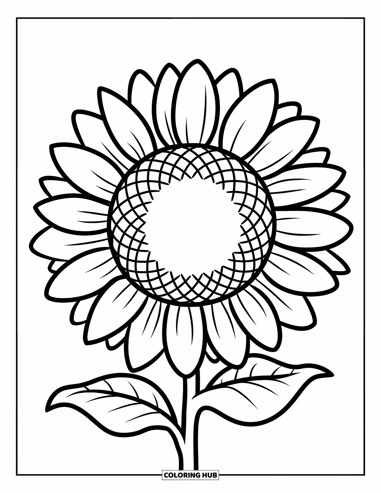 Floral Coloring Page for Kids: A single sunflower with bright petals and a sturdy stem