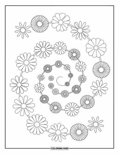 Blomstertegning til børn: En snoet sti af blomster, der danner et fint spiralmønster