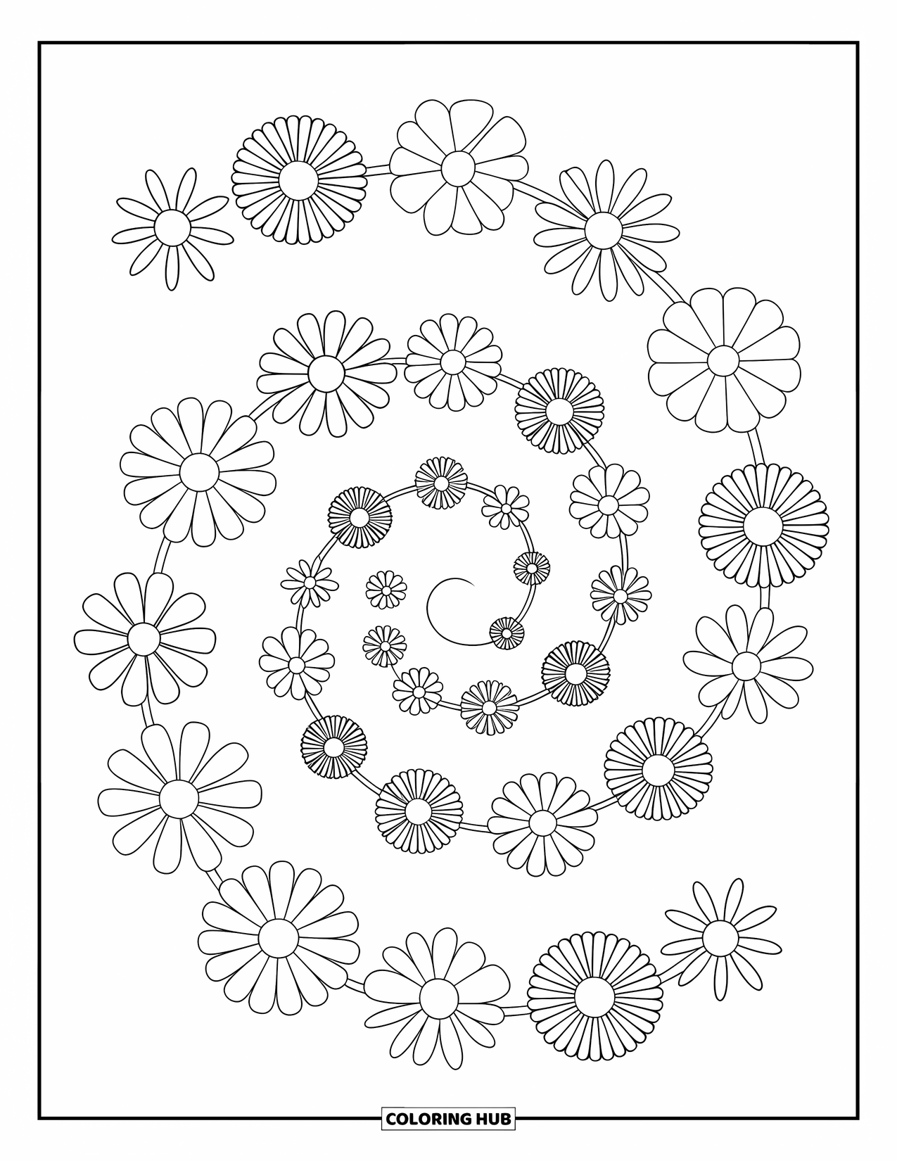 Floral Coloring Page for Kids: A swirling path of flowers, forming a delicate spiral arrangement