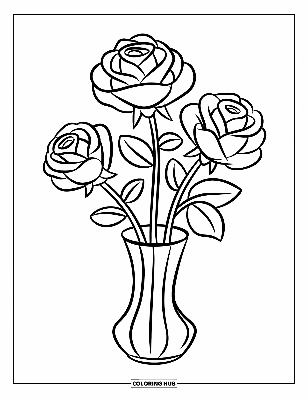 Floral Coloring Page for Kids: A tall and slender vase holding three roses with large petals