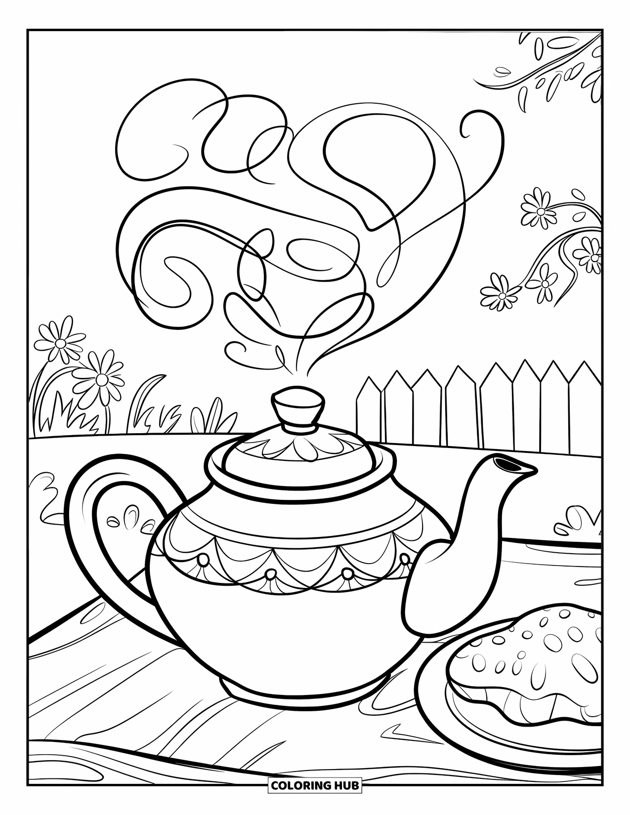 Floral Coloring Page for Kids: A teapot with floral steam on a table with a scone, set in a garden