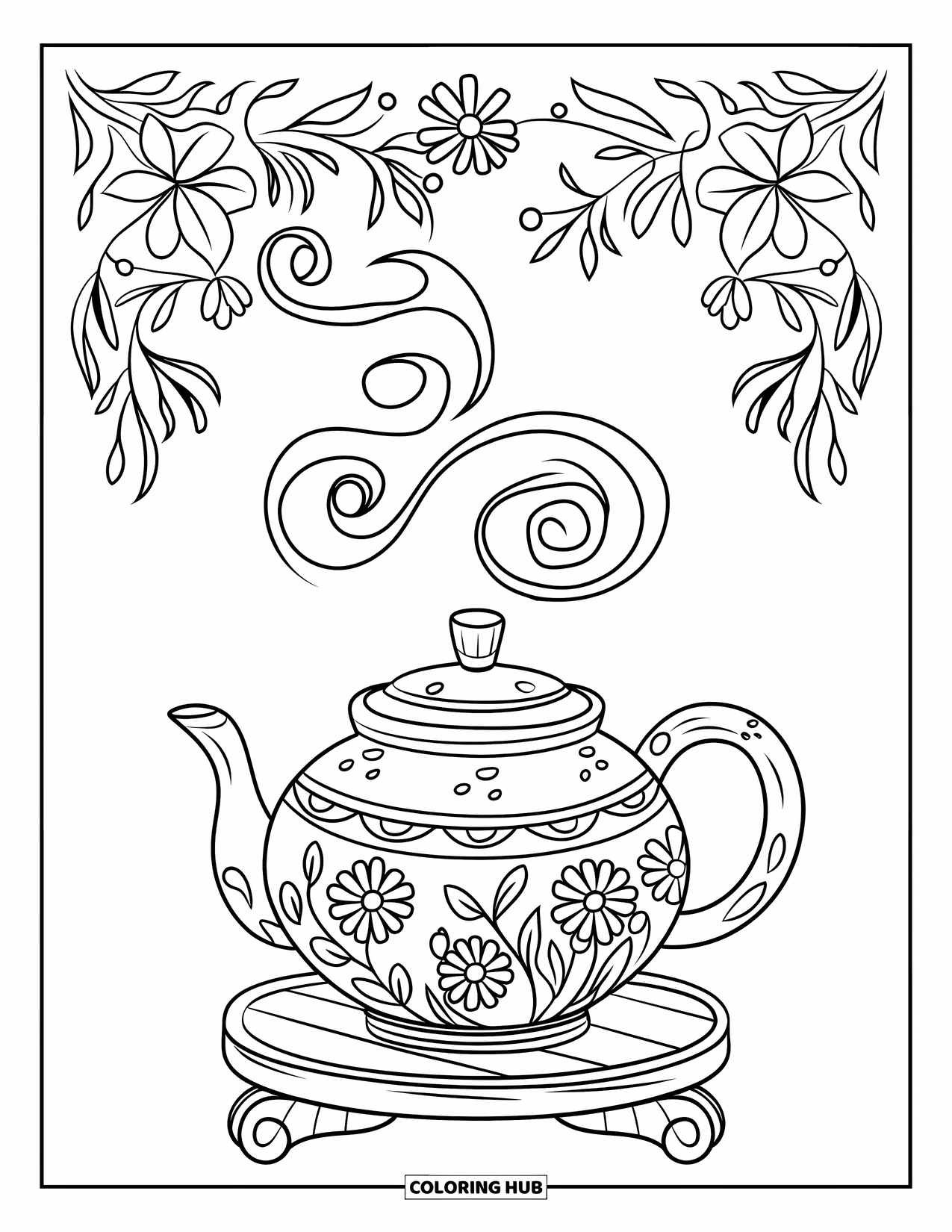 Floral Coloring Page for Kids: A teapot with floral steam, placed on a wooden stand with flowers and leaves nearby