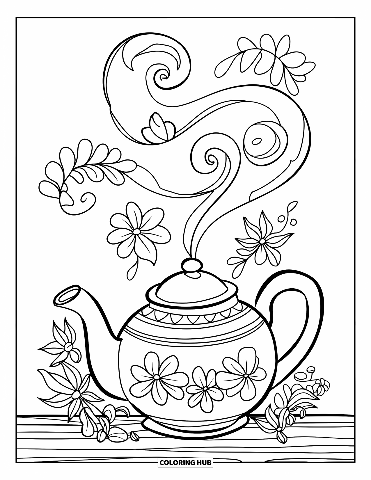 Floral Coloring Page for Kids: A teapot with steam curling into floral patterns, placed on a wooden surface