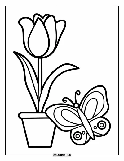 Blomstertegning til børn: En tulipan i en potte med en sommerfugl, tegnet til de mindste