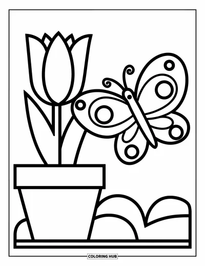 Blomstertegning til børn: En tulipan i en potte med en sommerfugl der flagrer i nærheden