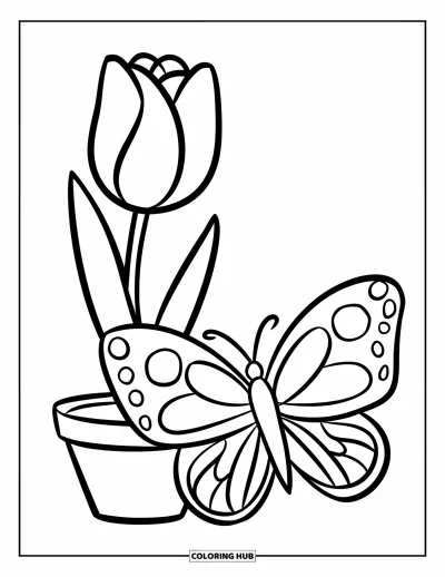 Blomstertegning til børn: En tulipan med en buet stængel og en sommerfugl med runde vinger