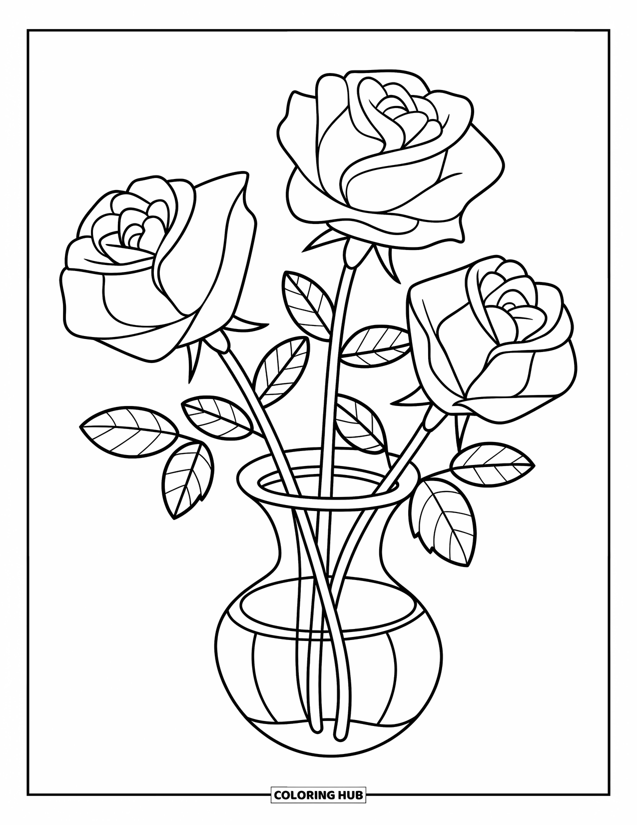 Floral Coloring Page for Kids: A vase with three roses of varying sizes in a simple design