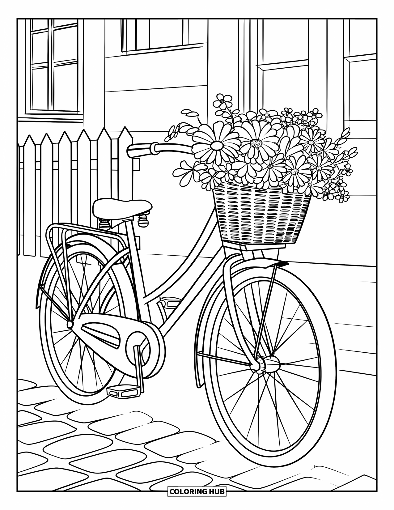 Floral Coloring Page for Kids: A vintage bicycle with a flower-filled basket, parked on a cobblestone path