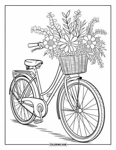 Blomstertegning til børn: En gammel cykel med blomstrende blomster i kurven
