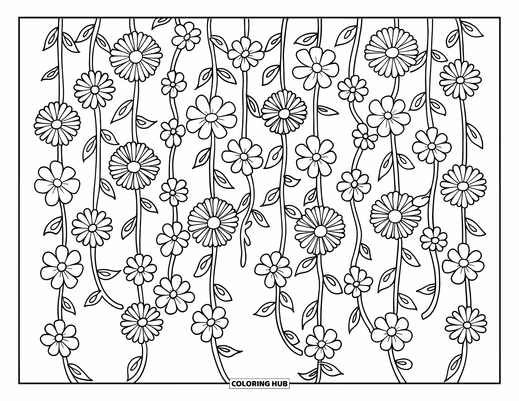 Floral Coloring Page for Kids: Hanging vine floral curtain with long, flower-covered vines creating a garden backdrop