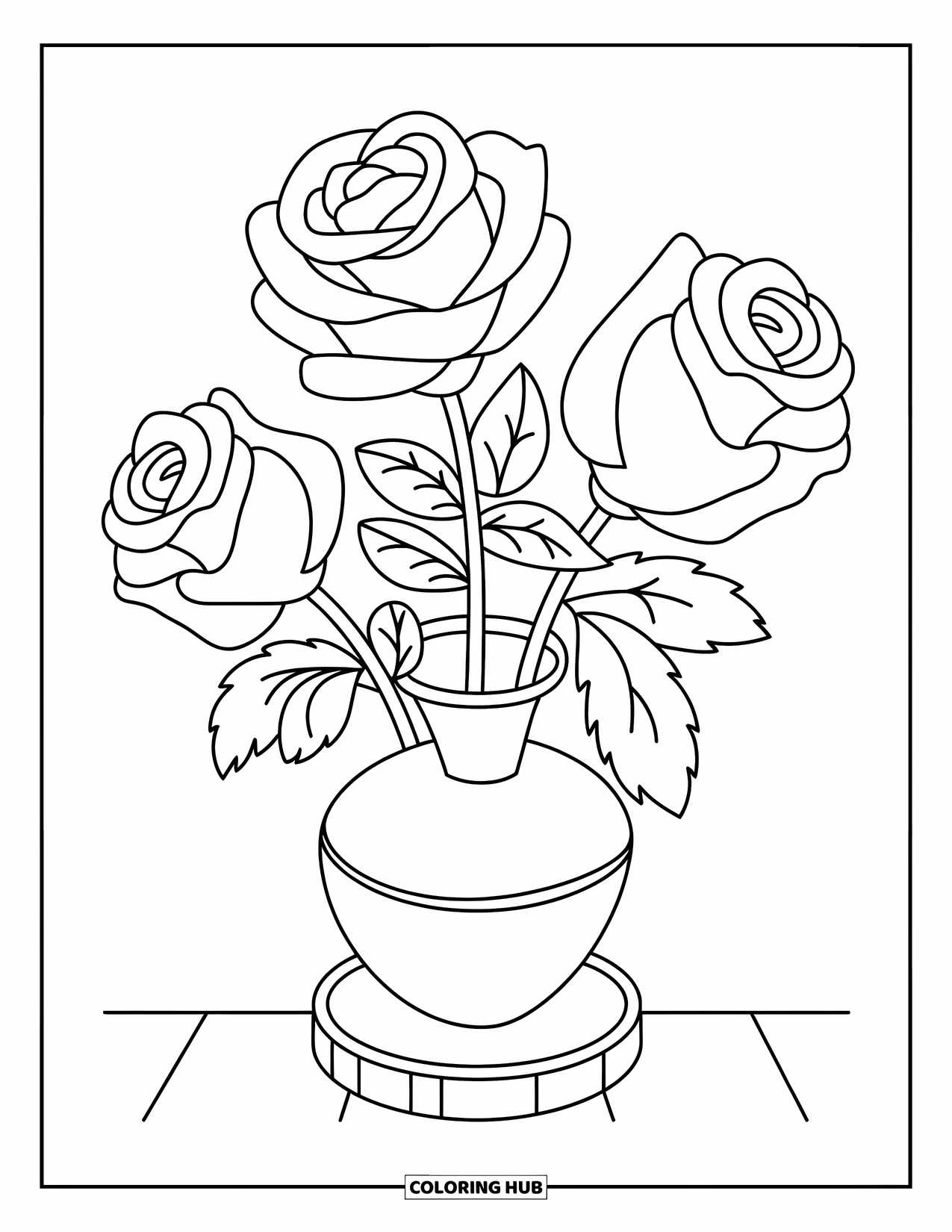 Floral Coloring Page for Kids: Three roses in a vase placed on a wooden base