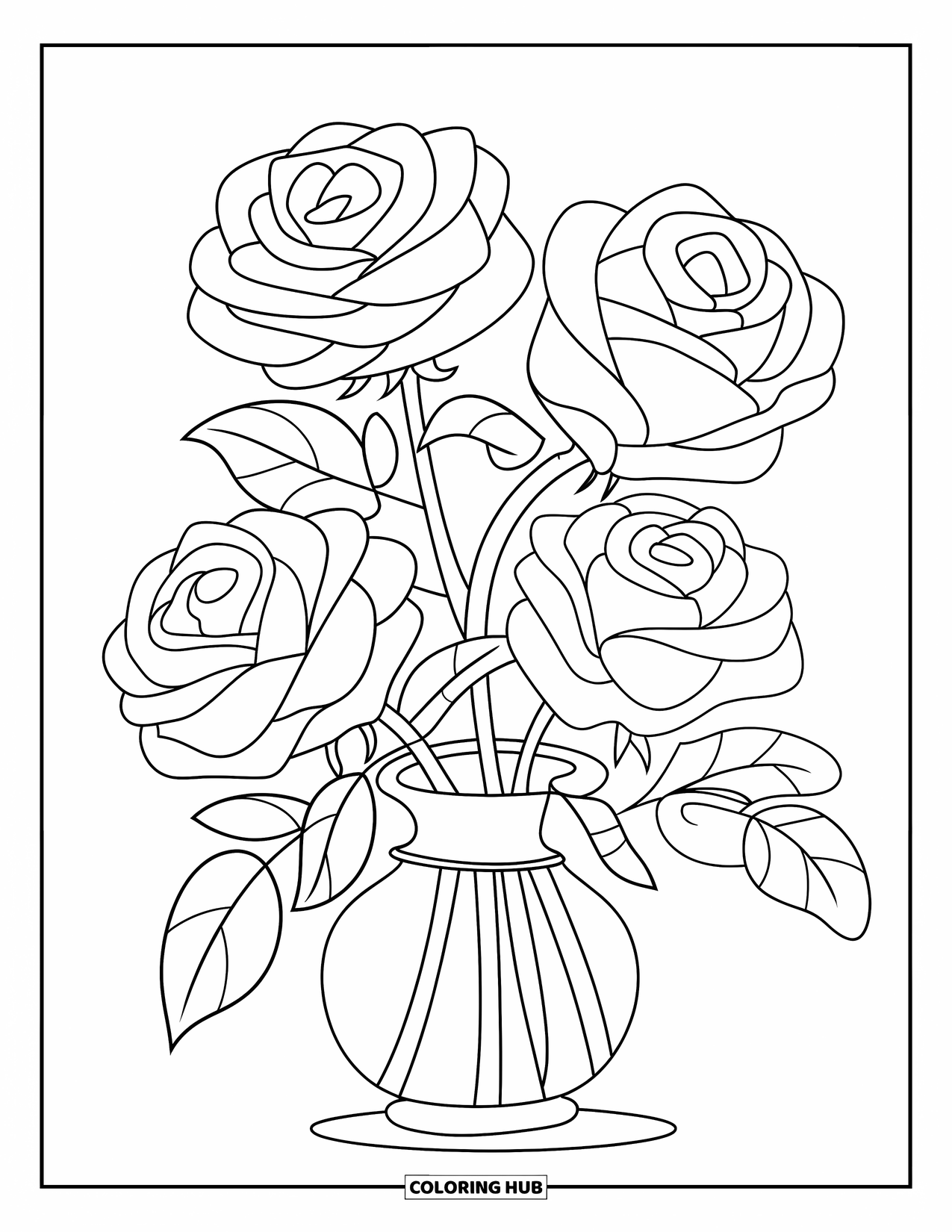 Floral Coloring Page for Kids: Three roses of different sizes arranged in a vase