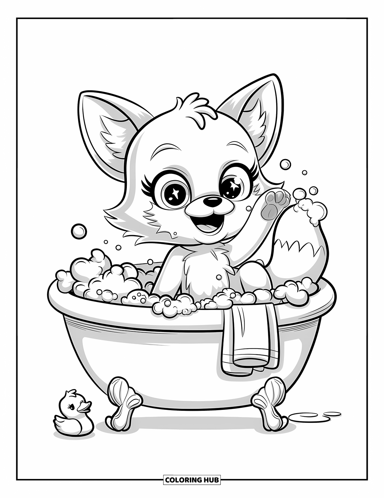 Fox Coloring Page for Adults: A baby fox playing in a bubble-filled bathtub with a tiny rubber duck