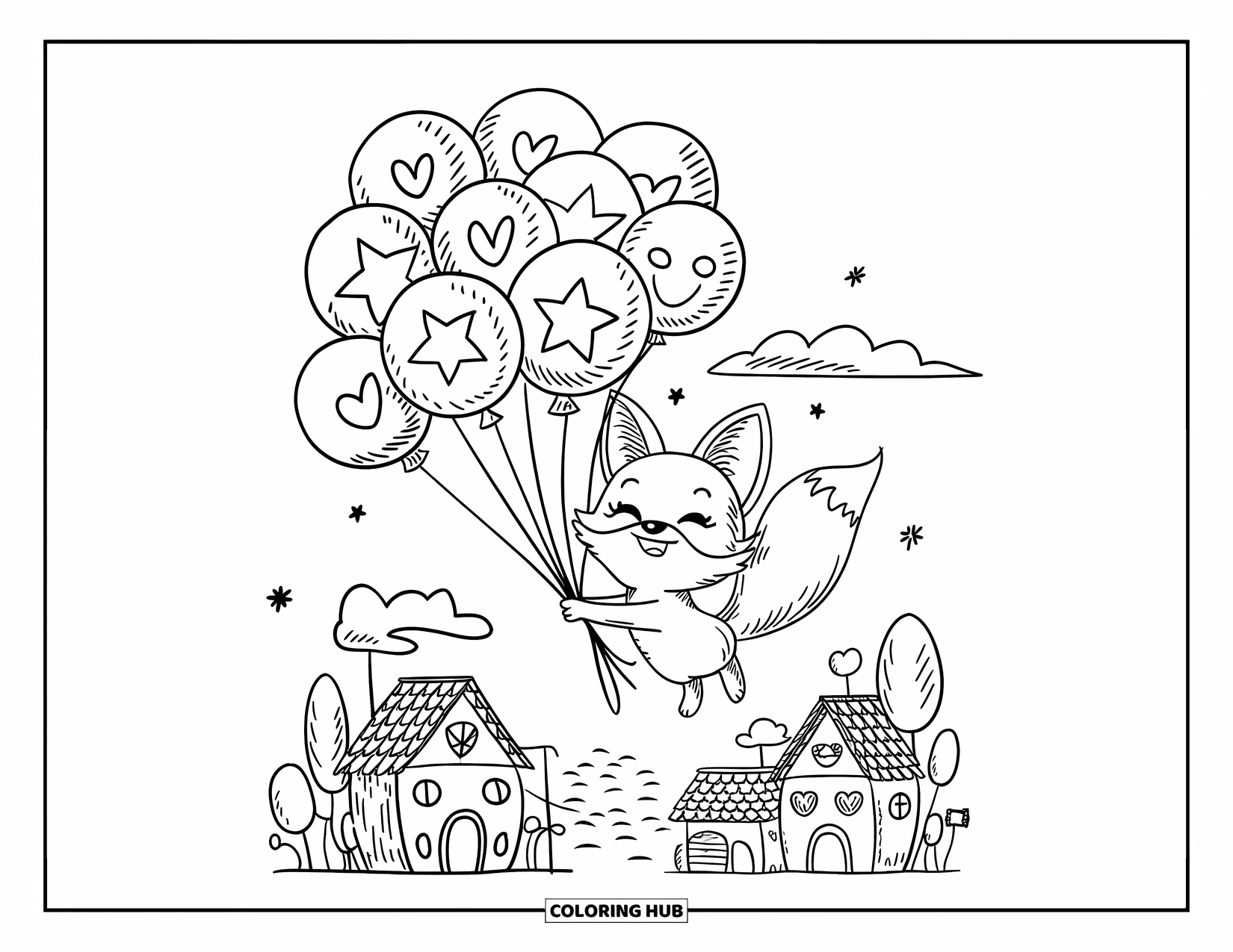 Fox Coloring Page for Adults: A cheerful fox floating with star and heart-shaped balloons above a cozy village