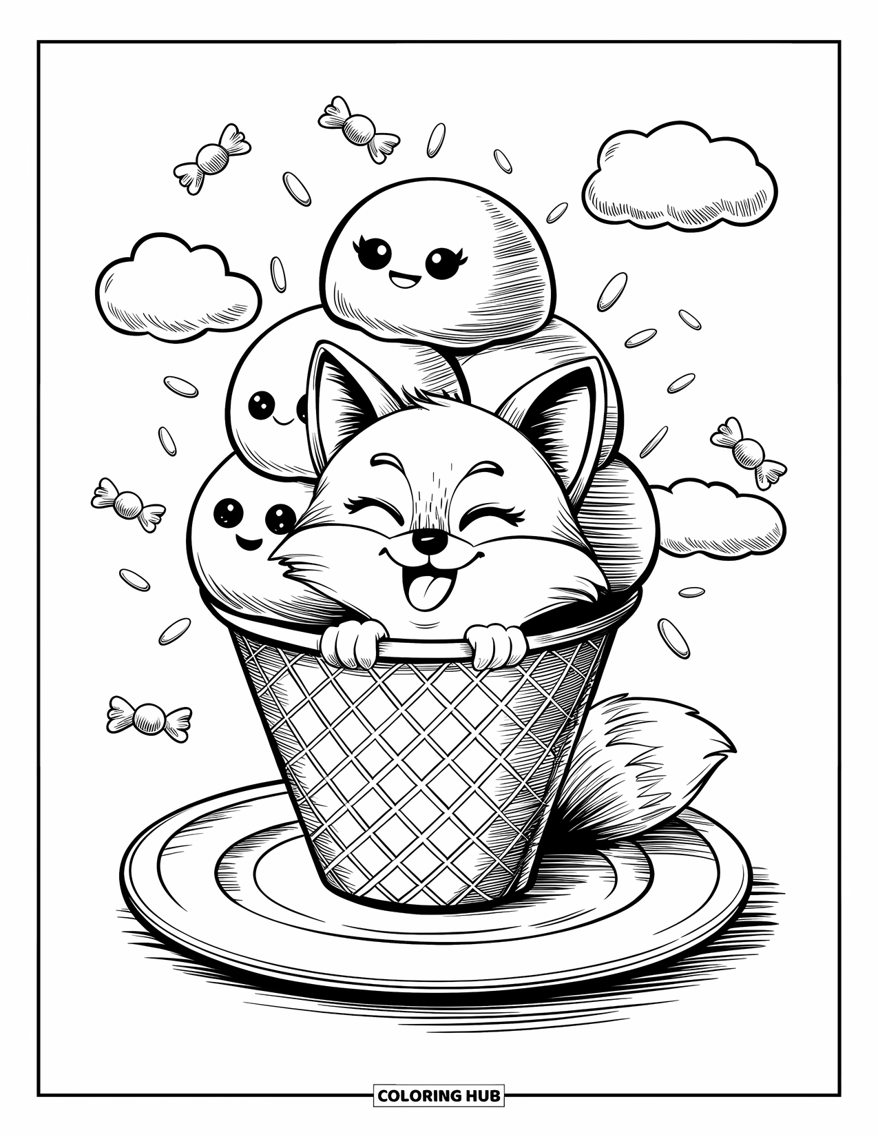 Desenho de raposa para colorir para adultos: Uma raposa alegre dentro de um cone de sorvete, cercada por estrelas e nuvens em forma de doces