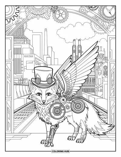 Desen de colorat cu vulpi pentru adulți: O vulpe detaliată, în ținută steampunk, înconjurată de rotițe și turnuri cu ceas