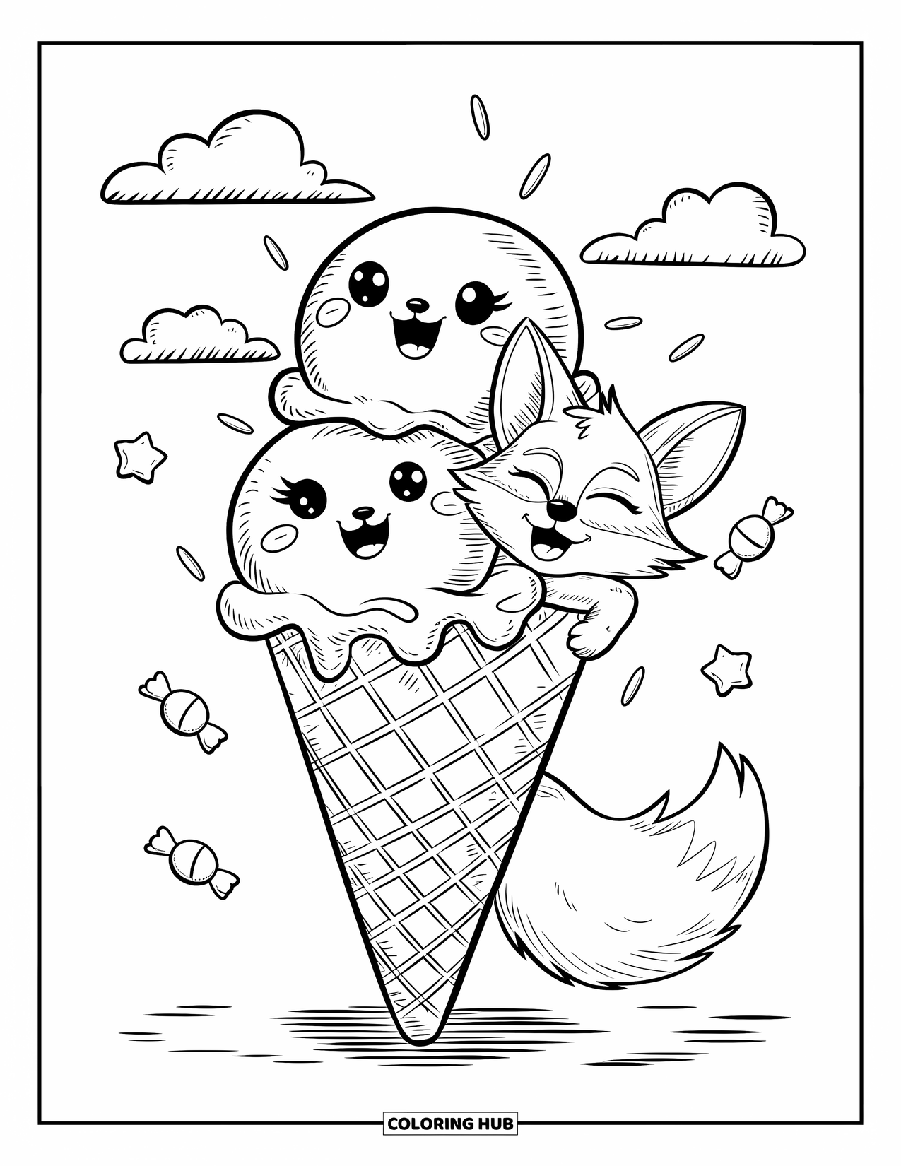 Fox Coloring Page for Adults: A fox peeks from a giant cone of smiling ice cream scoops, ready to take a lick