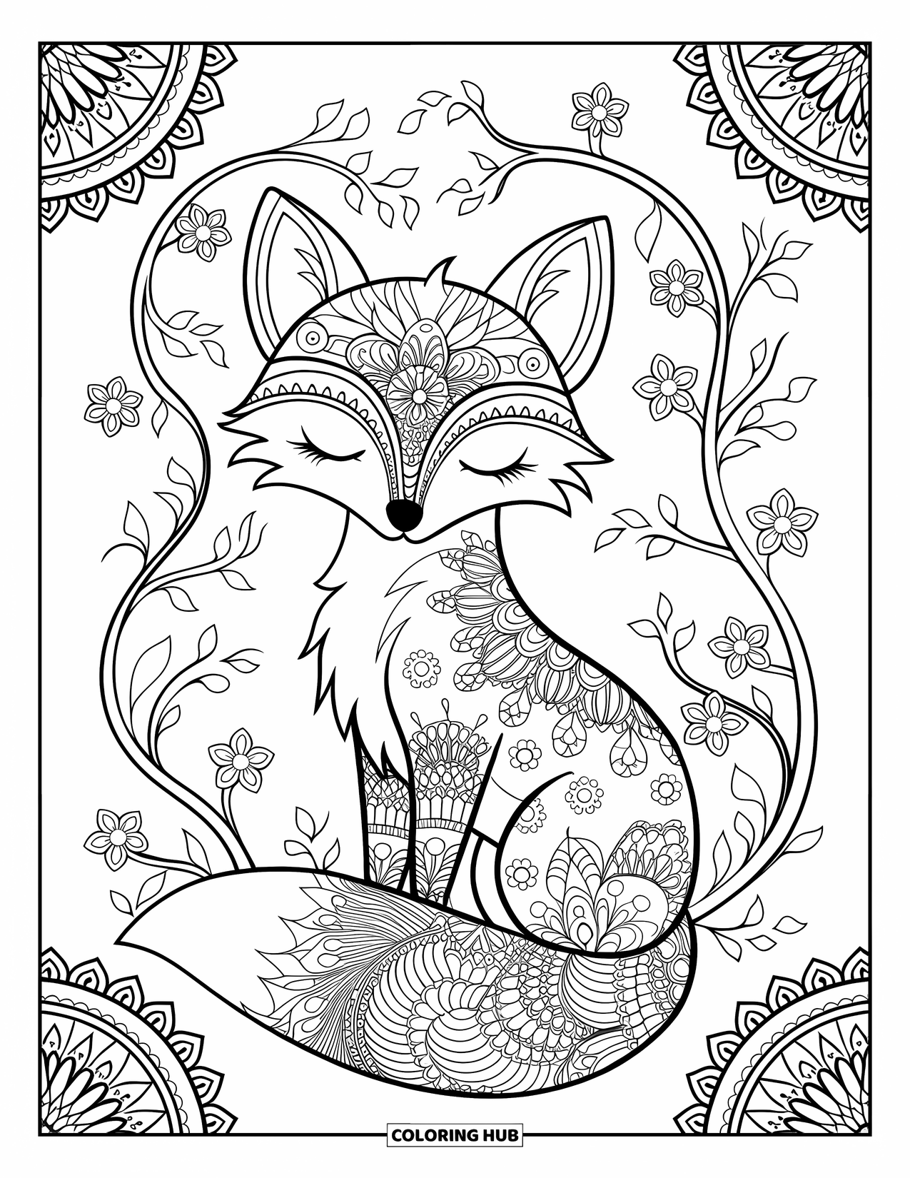 Fox Coloring Page for Adults: A fox with ornate fur patterns, blending into an intricate background of blossoms