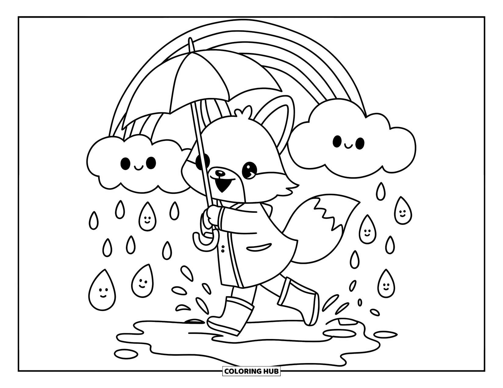 Fox Coloring Page for Adults: A happy fox jumping in a puddle, wearing rain boots and a raincoat