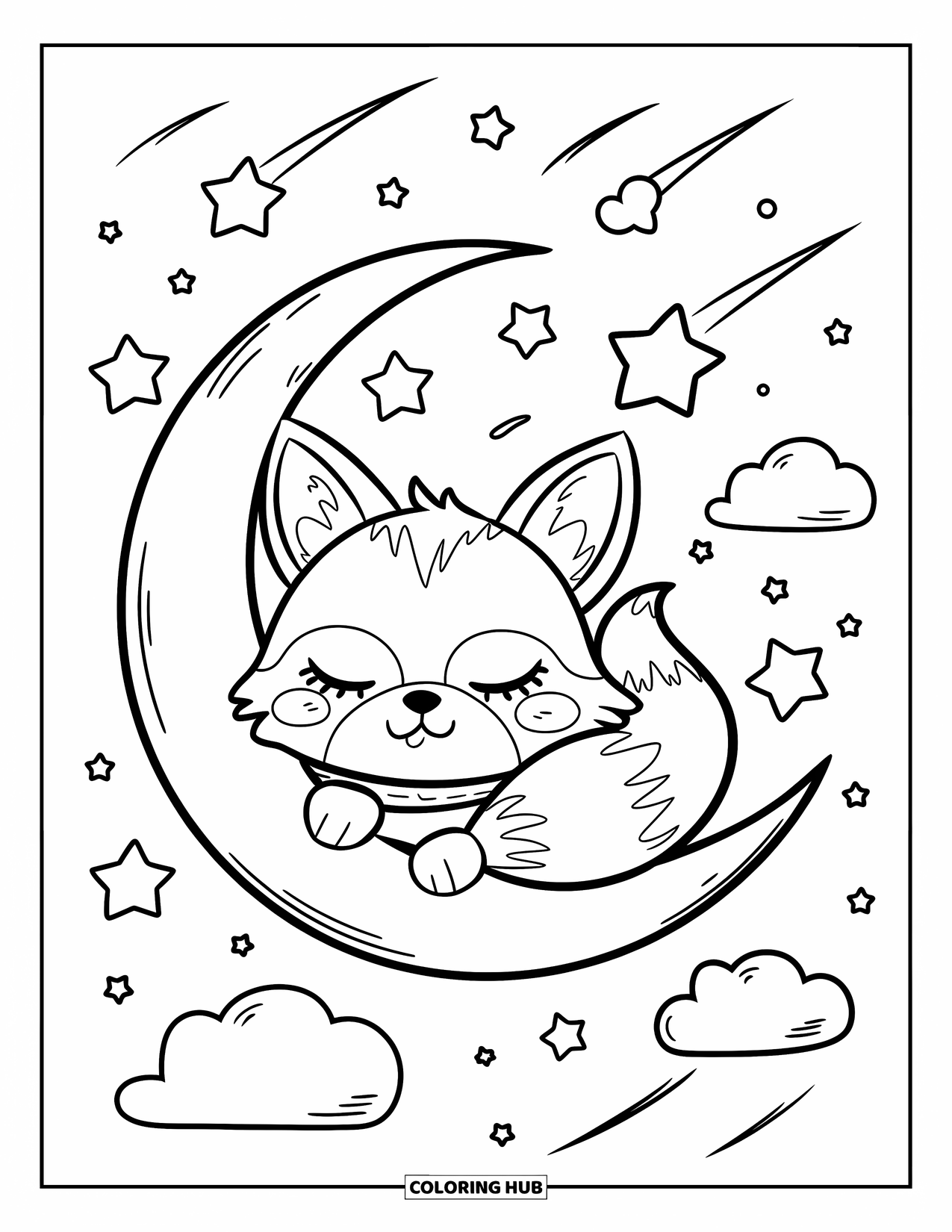 Fox Coloring Page for Adults: A peaceful fox sleeping on a crescent moon, wrapped in a scarf with floating stars