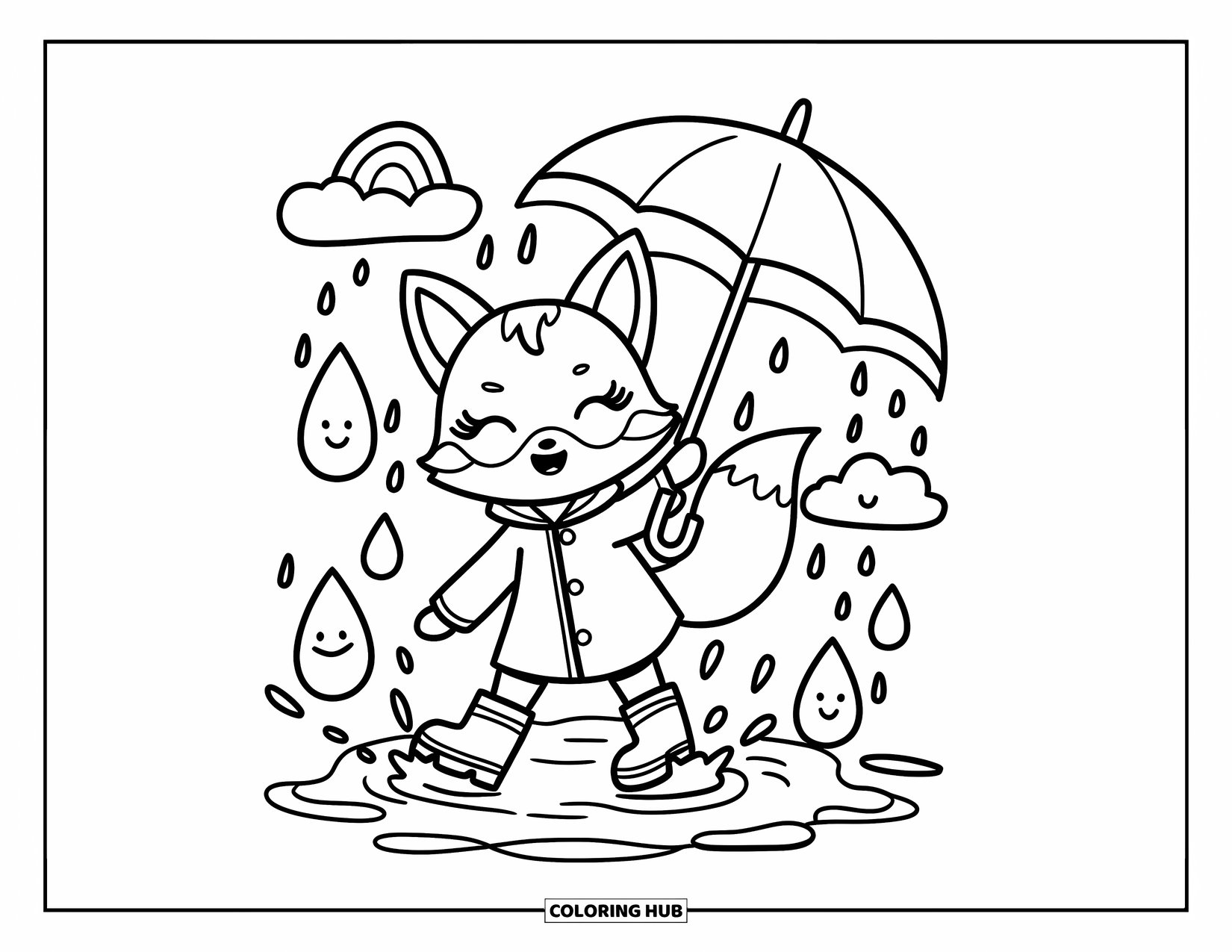 Fox Coloring Page for Adults: A playful fox splashing joyfully under a heart-shaped umbrella with smiling raindrops
