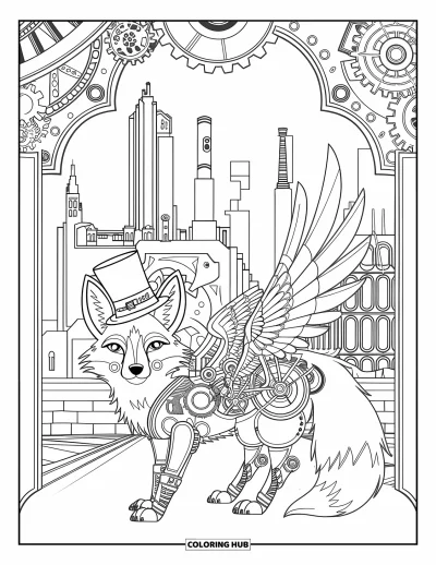 Desen de colorat cu vulpi pentru adulți: O vulpe steampunk împodobită cu rotițe, aripi mecanice și joben