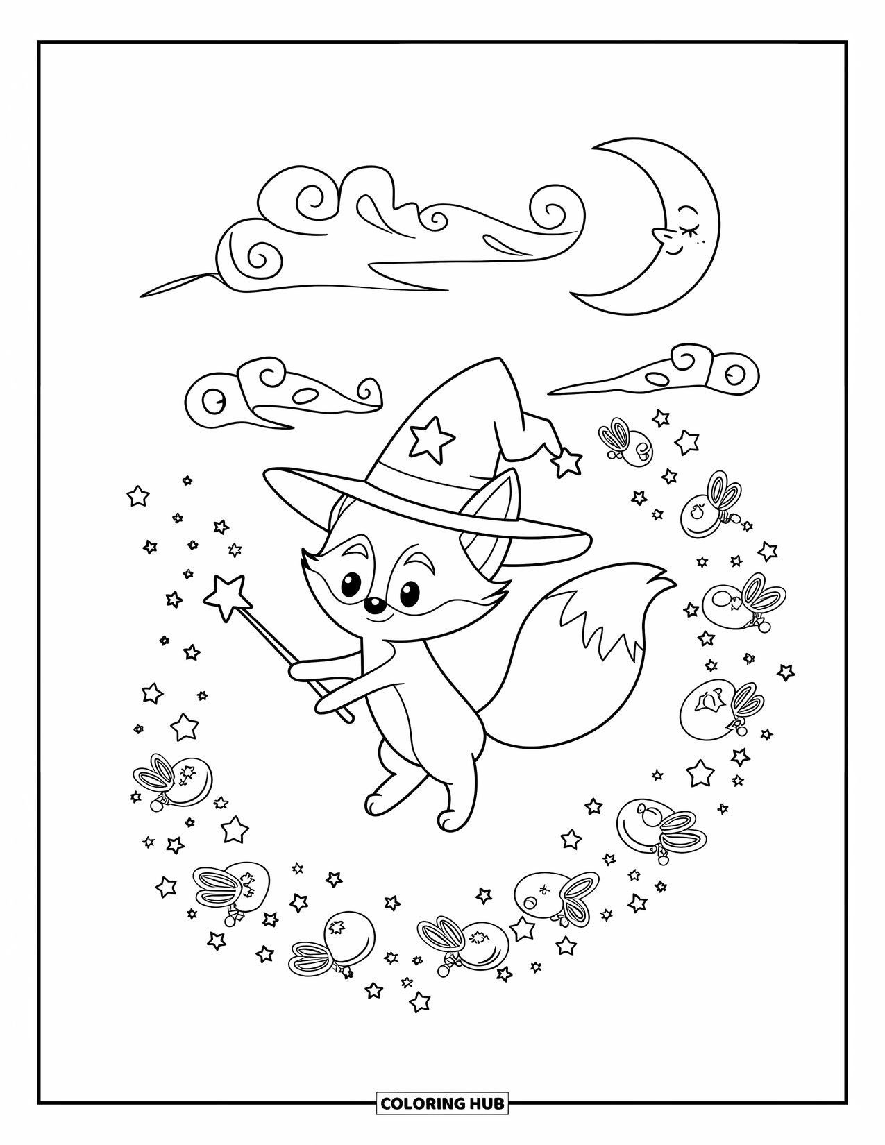 Fox Coloring Page for Adults: A tiny fox in a wizard hat, waving a wand as magical fireflies float around