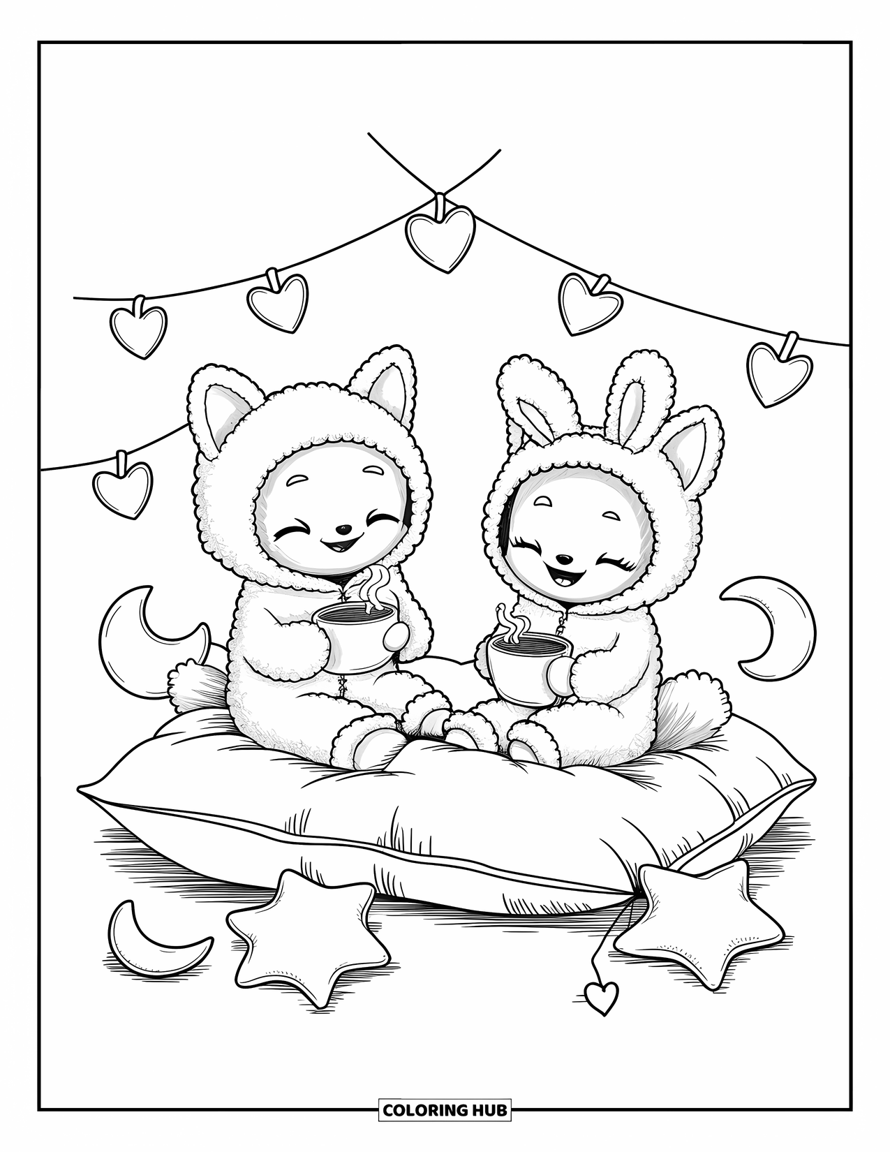 Fox Coloring Page for Adults: Adorable fox cubs sipping cocoa in a pillow fort, surrounded by plushie stars and moons