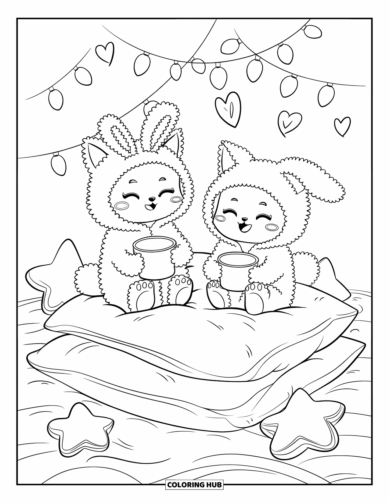 Fox Coloring Page for Adults: Two little foxes in cozy pajamas, cuddled in a pillow fort under heart-shaped lights