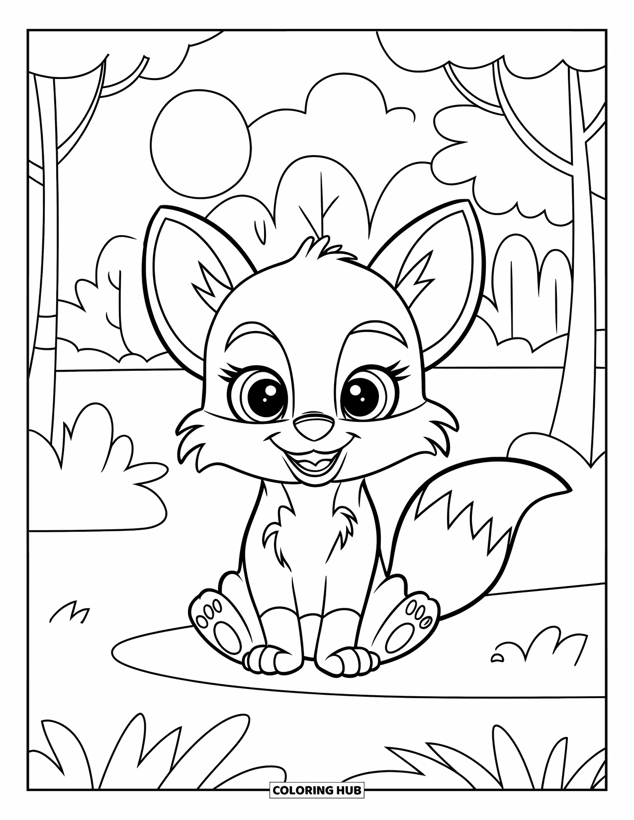 Fox Coloring Page for Kids: A baby fox sitting in a quiet meadow, looking up at the sun