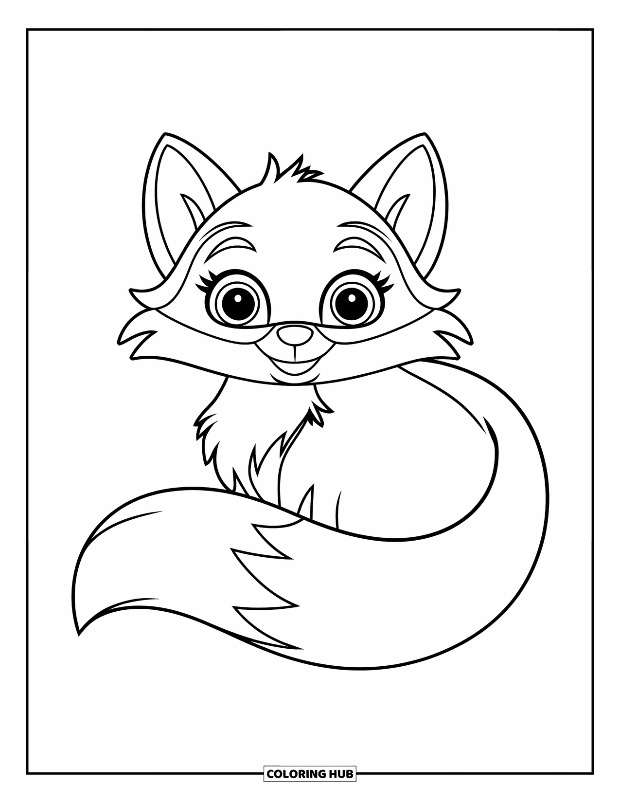 Fox Coloring Page for Kids: A cute fox head with a fluffy tail wrapped around its body