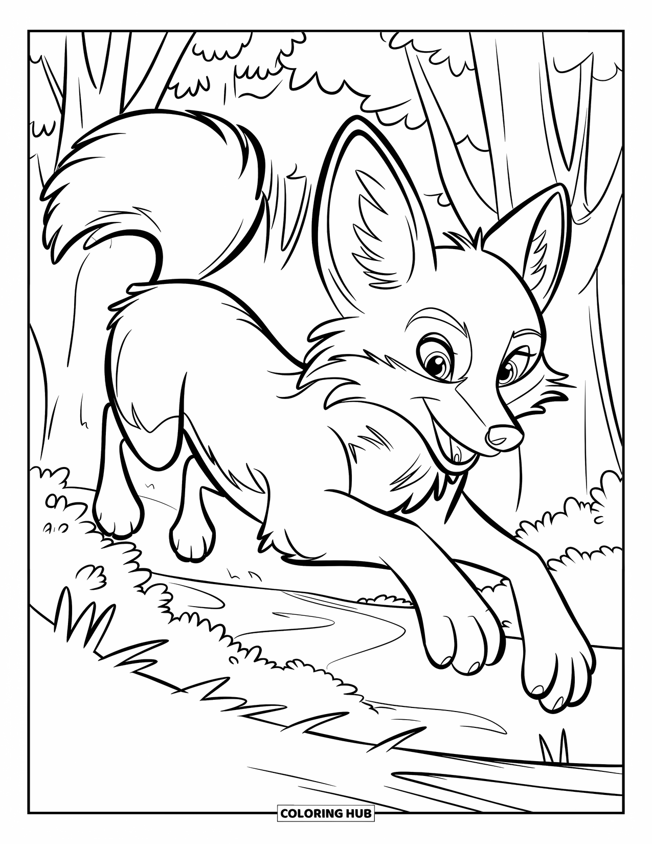 Fox Coloring Page for Kids: A fox bounding through the woods, its tail flowing behind it