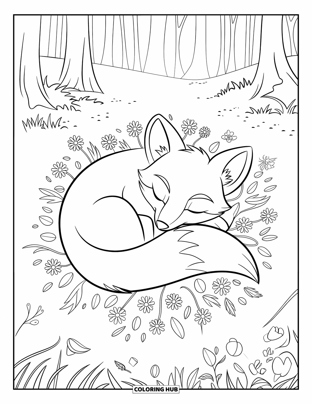 Fox Coloring Page for Kids: A fox curled up, sleeping soundly among colorful wildflowers