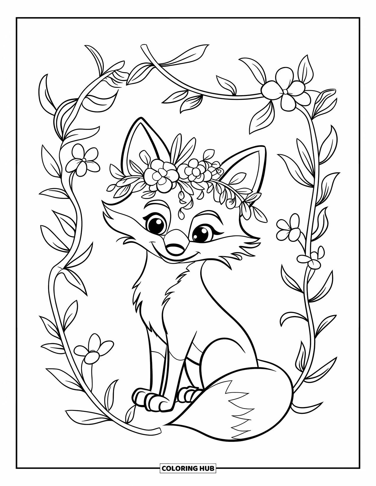 Fox Coloring Page for Kids: A fox curled up with a floral crown, nestled in a patch of wildflowers