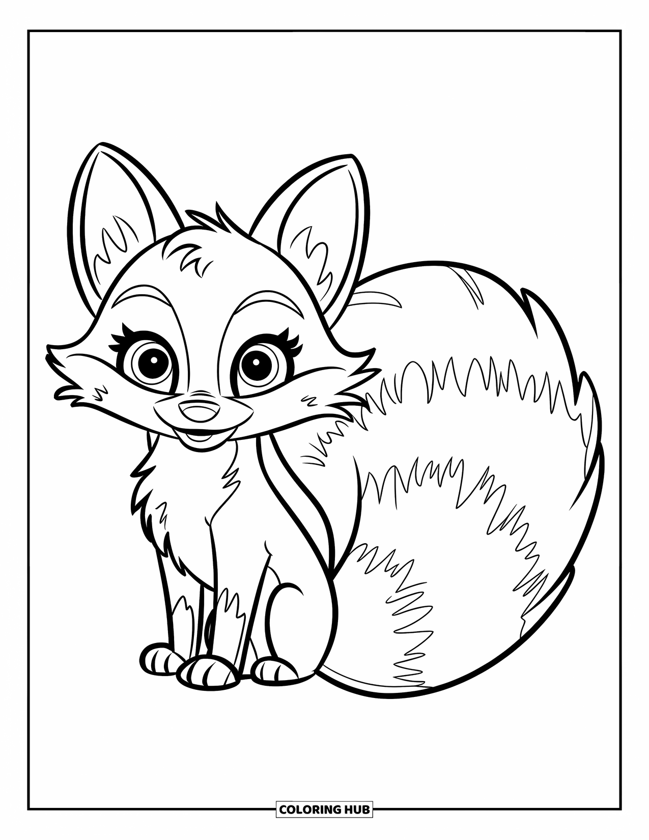 Fox Coloring Page for Kids: A fox curling its bushy tail around itself, looking up with big, round eyes