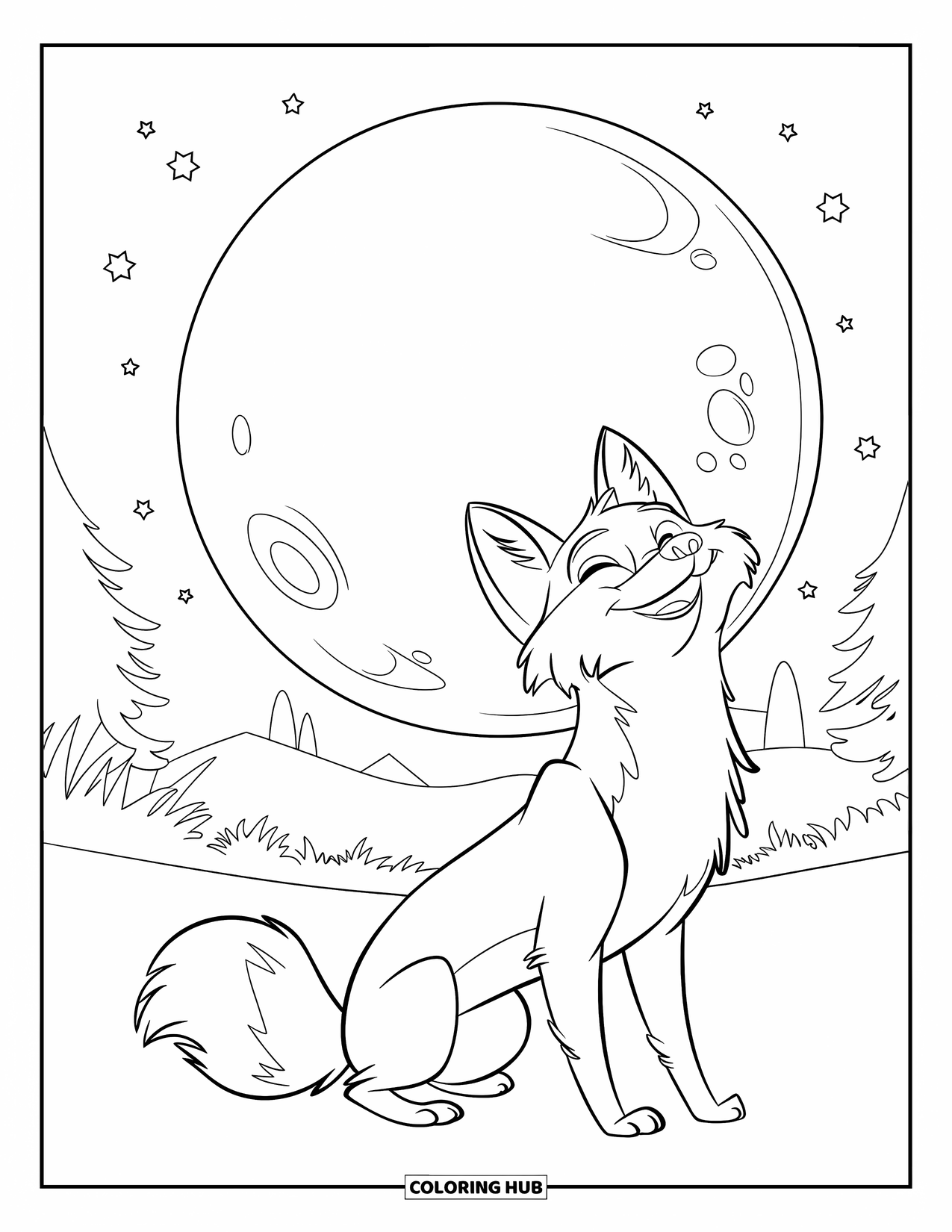 Fox Coloring Page for Kids: A fox gazing at the moon, its fur glowing under the soft starlight