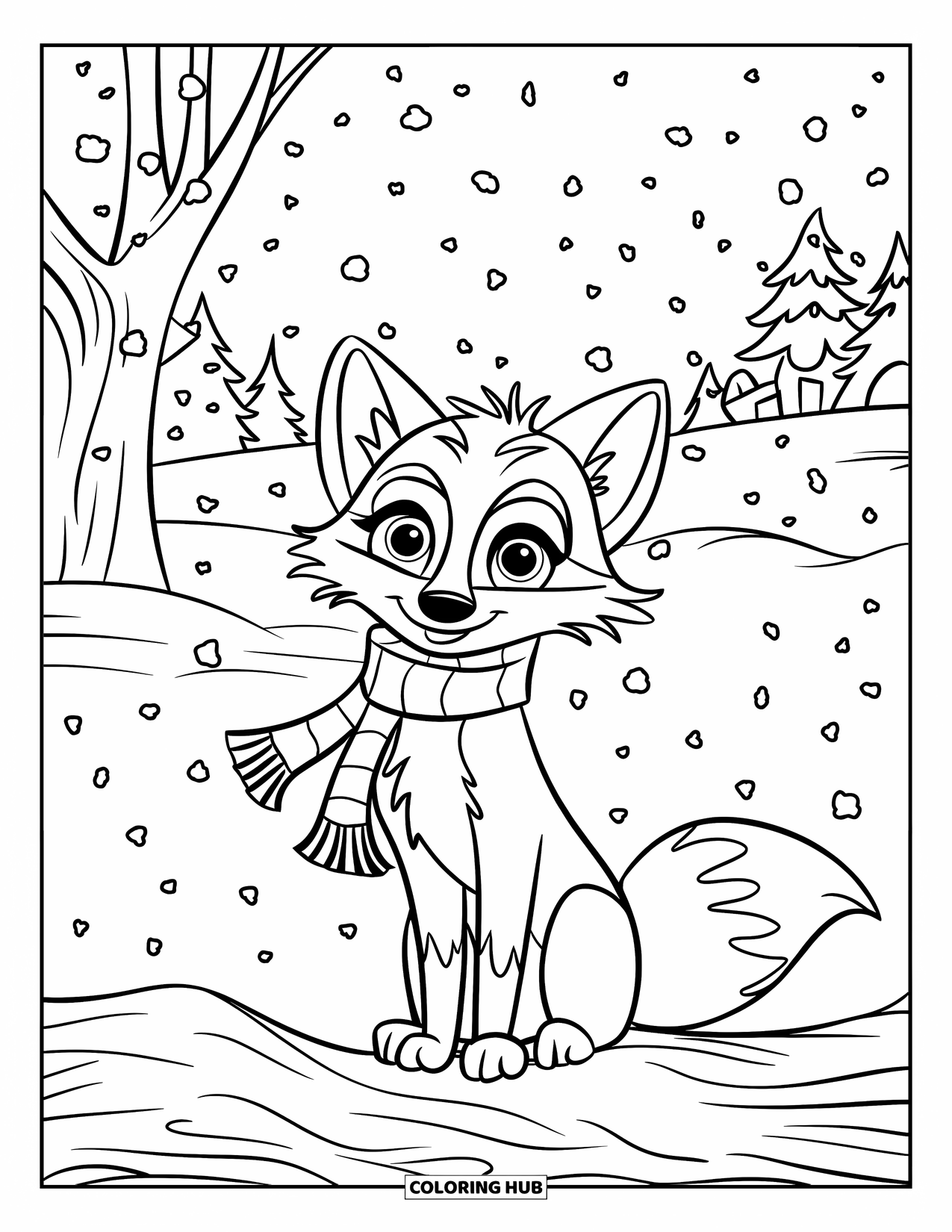 Fox Coloring Page for Kids: A fox in a scarf sitting in a snowy landscape, watching snowflakes fall