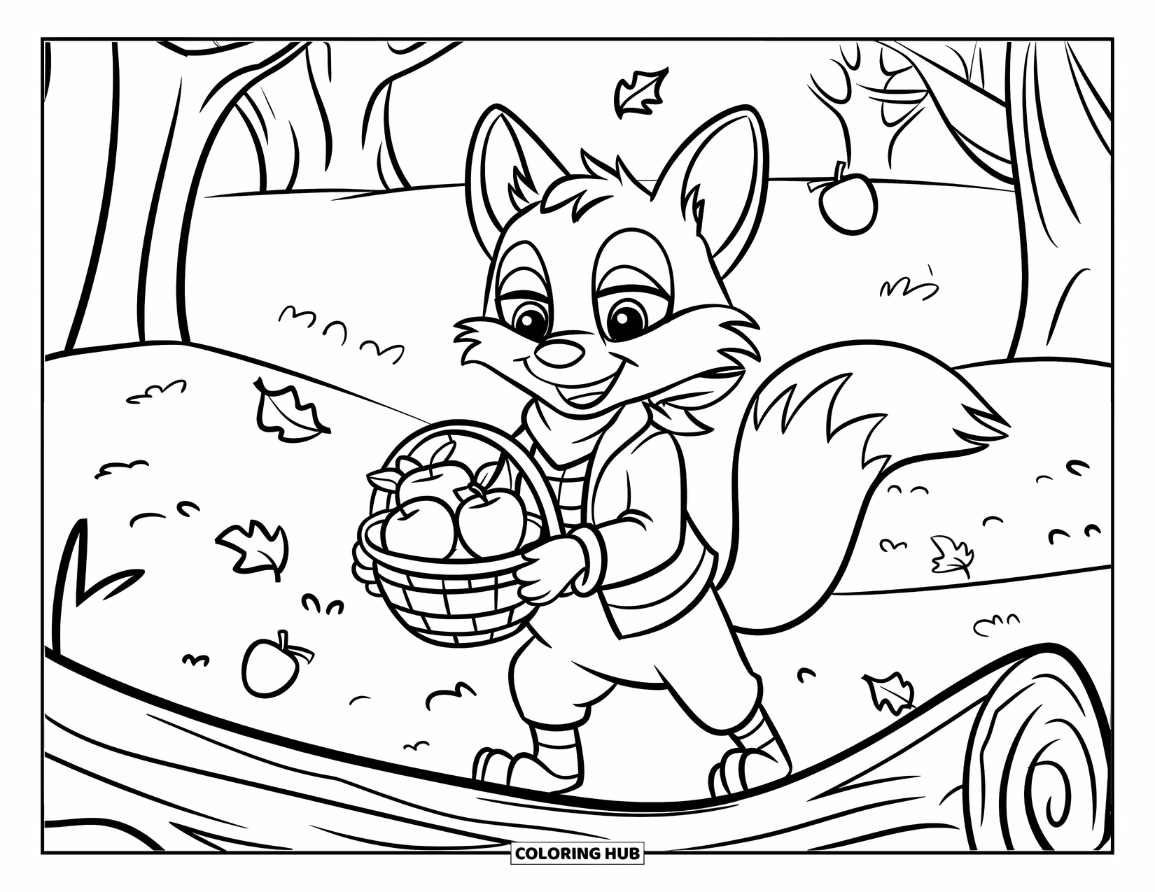 Fox Coloring Page for Kids: A fox in the woods, balancing a basket of apples while leaves fall