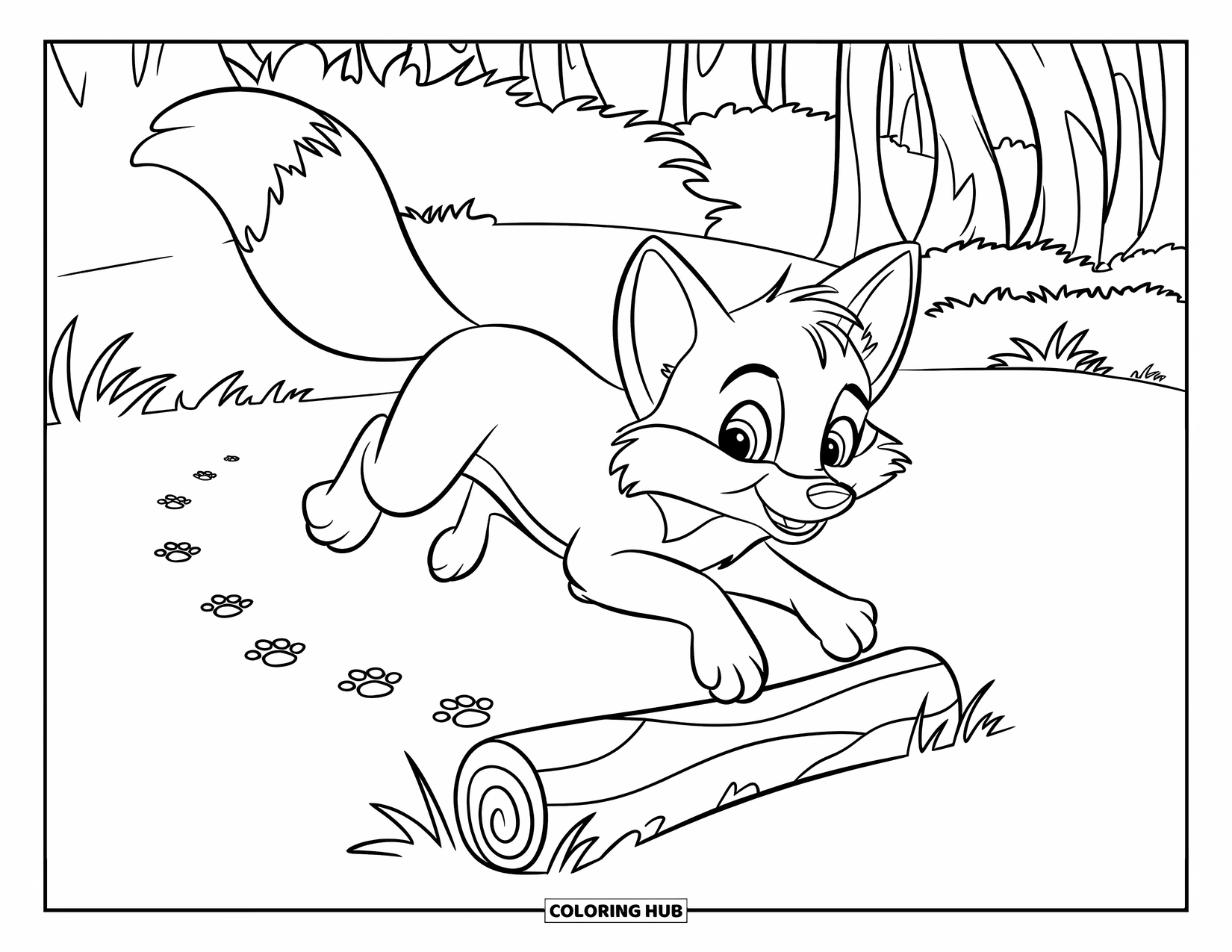 Fox Coloring Page for Kids: A fox joyfully hopping over a log, its tail raised high in excitement