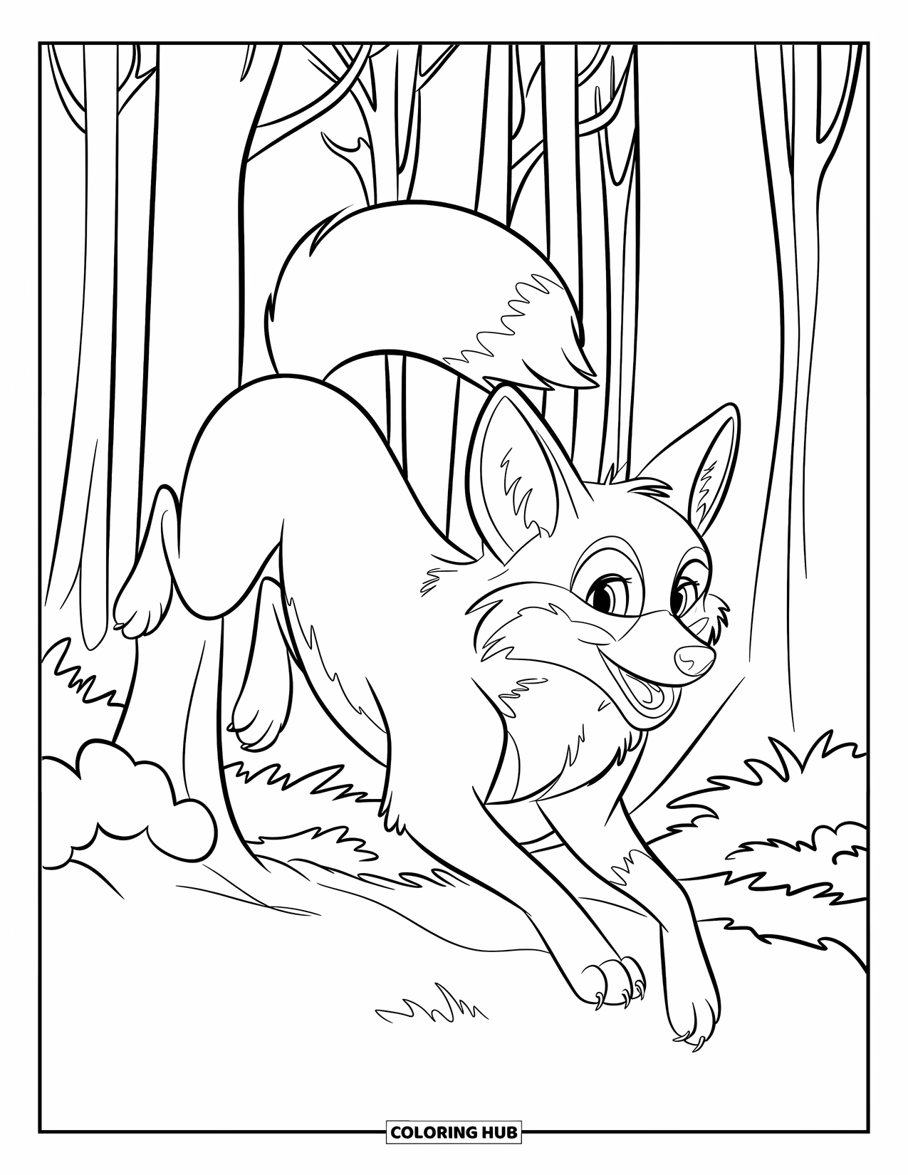 Fox Coloring Page for Kids: A fox jumping between trees, its paws barely touching the ground