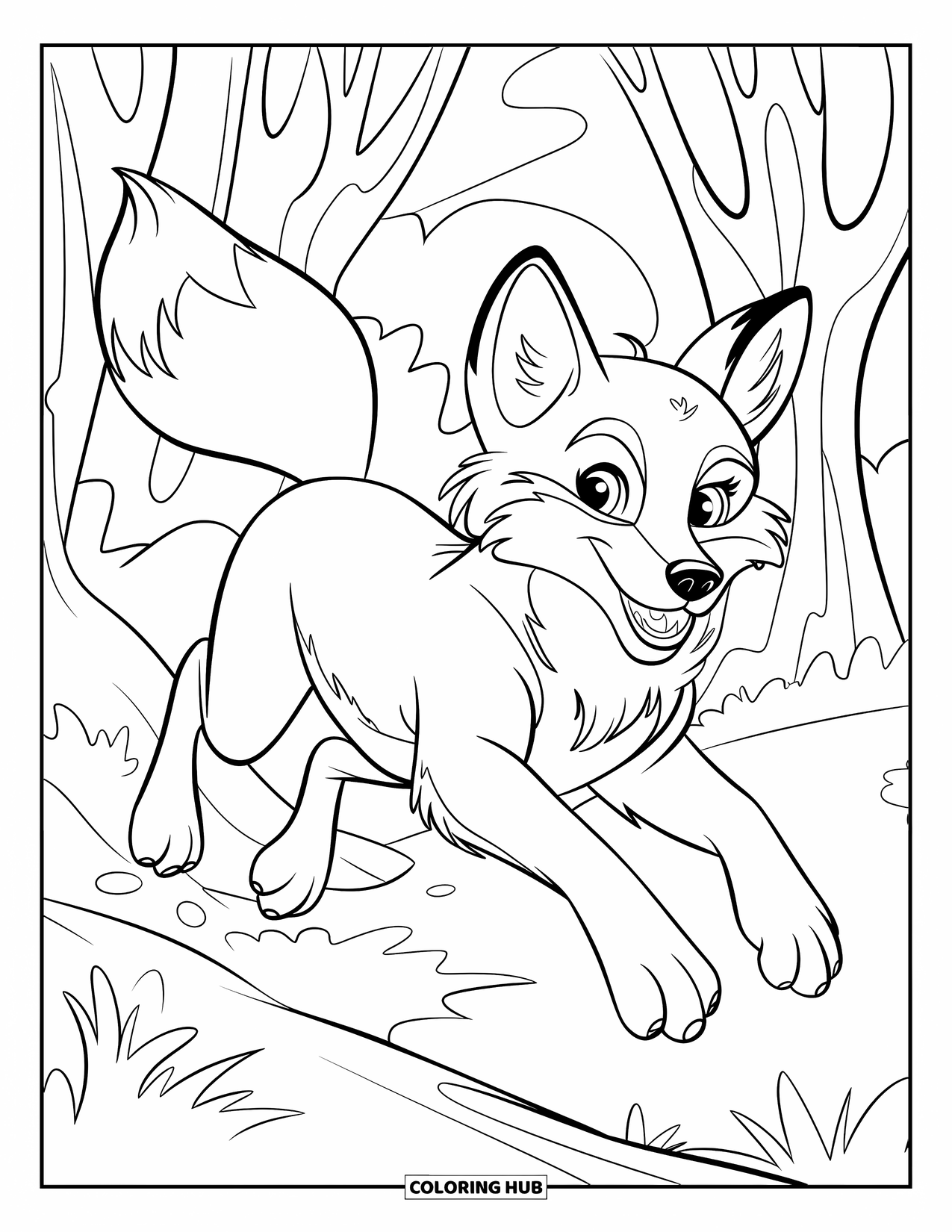 Fox Coloring Page for Kids: A fox leaping through a forest, its fur brushing against the tree branches