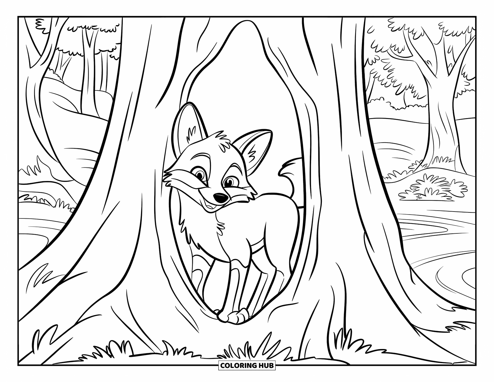 Fox Coloring Page for Kids: A fox peeking out from a hollow tree, its eyes full of curiosity
