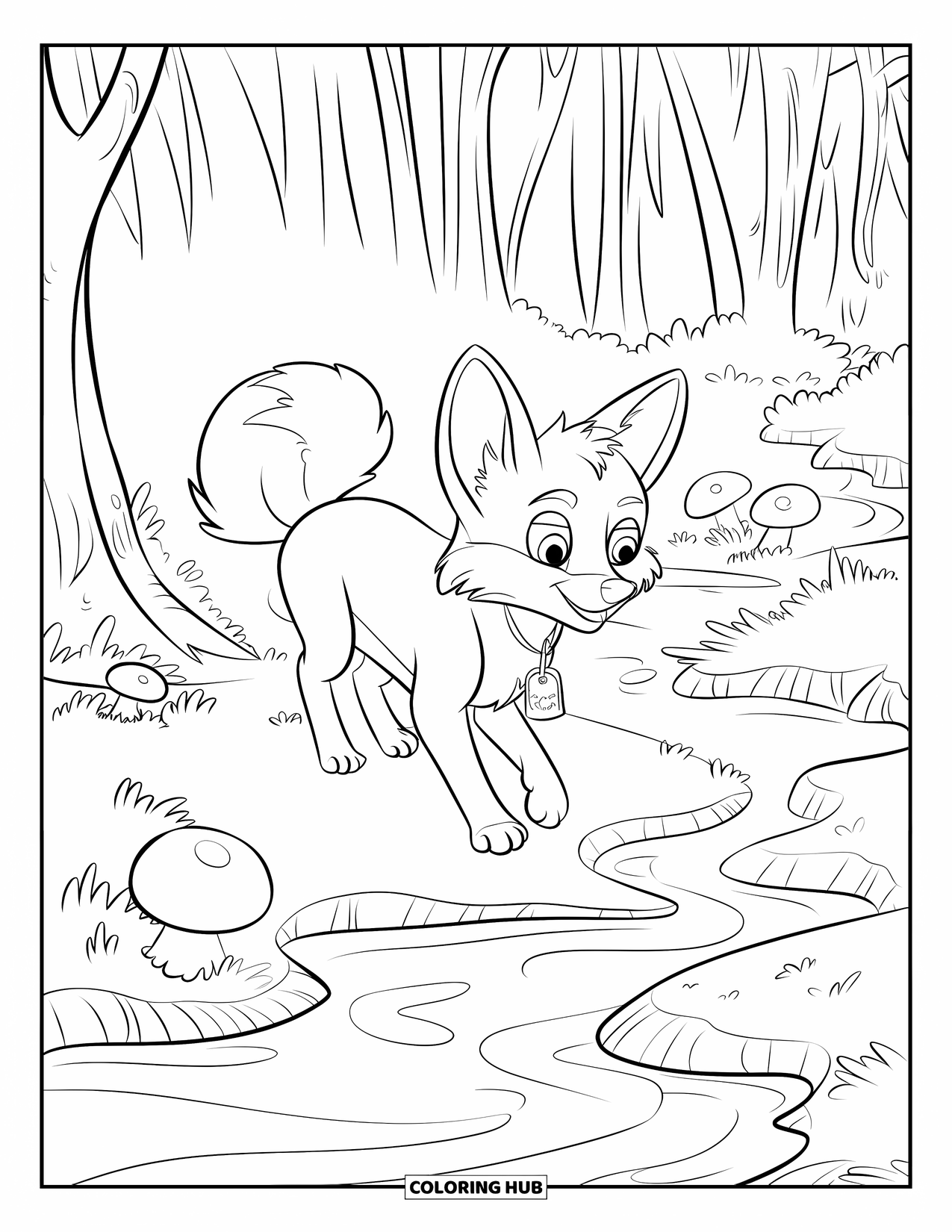 Fox Coloring Page for Kids: A fox peering into a small stream, watching the rippling water