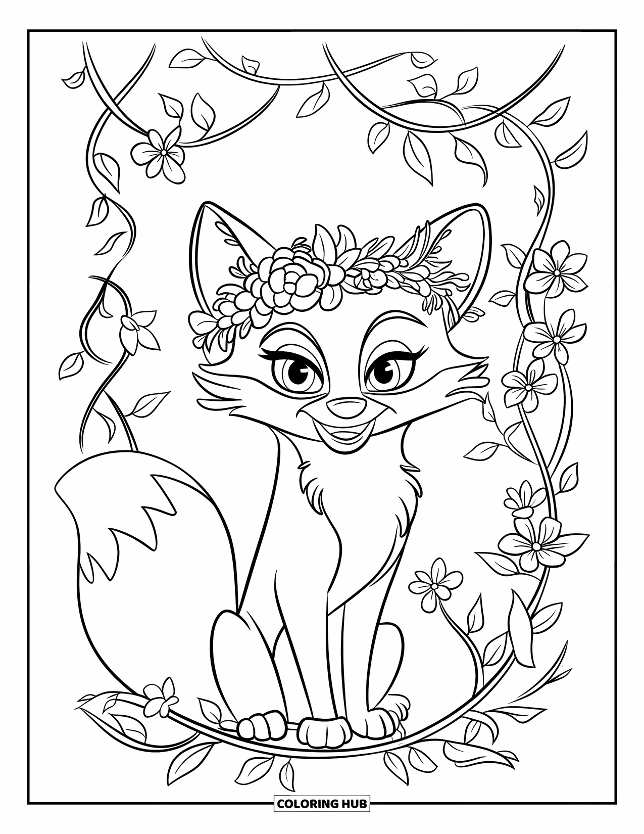 Fox Coloring Page for Kids: A fox playfully flicking its tail, surrounded by delicate flowers